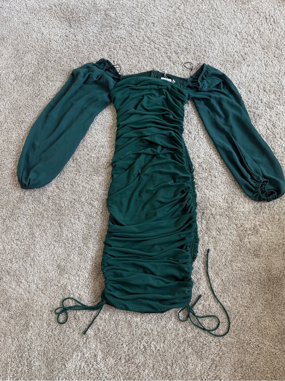 Emerald Green Ruched Long-Sleeve Midi Dress